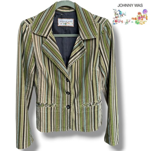 JOHNNY WAS Vintage Women’s Velvet Striped Green Blazer Jacket Velour | Sz S - Picture 3 of 16